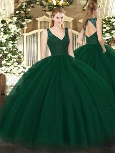 Modern Dark Green Sleeveless Floor Length Beading and Lace Backless Sweet 16 Dresses