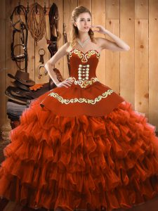 Rust Red Sweetheart Neckline Embroidery and Ruffled Layers Ball Gown Prom Dress Sleeveless Lace Up
