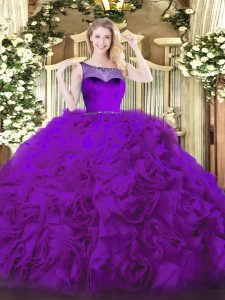 On Sale Fabric With Rolling Flowers Scoop Sleeveless Zipper Beading Quince Ball Gowns in Eggplant Purple