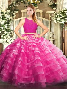 Custom Made Ball Gowns Sweet 16 Dresses Fuchsia Scoop Organza Sleeveless Floor Length Zipper