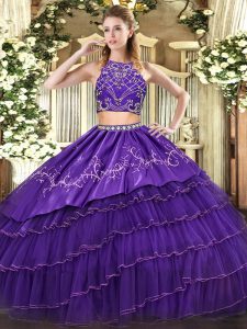 Delicate Purple Two Pieces High-neck Sleeveless Tulle Floor Length Zipper Beading and Embroidery and Ruffled Layers Quin