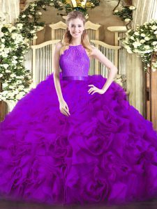 Eggplant Purple Ball Gowns Scoop Sleeveless Fabric With Rolling Flowers Floor Length Zipper Lace 15th Birthday Dress