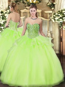 Yellow Green Lace Up Sweetheart Beading and Ruffles Quinceanera Dresses Tulle Sleeveless