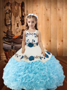 Cheap Baby Blue Fabric With Rolling Flowers Lace Up Little Girl Pageant Dress Sleeveless Floor Length Beading and Ruffle