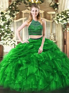 Green Sleeveless Tulle Zipper Sweet 16 Dress for Military Ball and Sweet 16 and Quinceanera