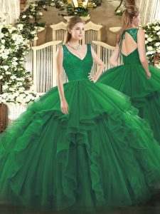 Trendy Dark Green V-neck Neckline Beading and Lace and Ruffles Vestidos de Quinceanera Sleeveless Backless