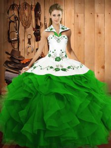 Sleeveless Floor Length Embroidery and Ruffles Lace Up Quinceanera Gowns with Green