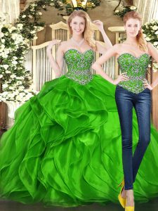Green Ball Gowns Beading and Ruffles Sweet 16 Dresses Lace Up Tulle Sleeveless Floor Length