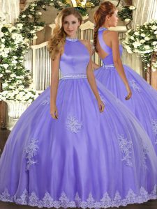 Lavender Halter Top Neckline Beading and Appliques 15th Birthday Dress Sleeveless Backless