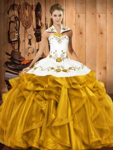 Latest Gold Ball Gown Prom Dress Military Ball and Sweet 16 and Quinceanera with Embroidery and Ruffles Halter Top Sleev