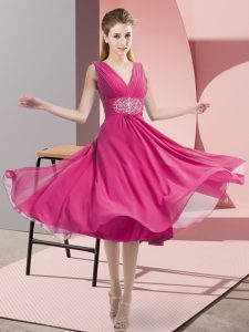 Fashionable Knee Length Side Zipper Wedding Party Dress Hot Pink for Prom and Party and Wedding Party with Beading