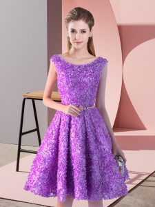 Lavender Lace Up Scoop Belt Evening Dress Lace Sleeveless
