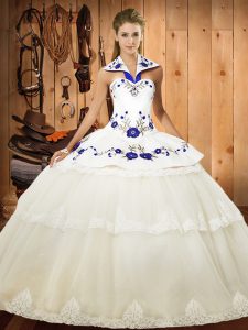 Sophisticated Sweetheart Sleeveless Quinceanera Dresses Floor Length Lace and Embroidery White Tulle