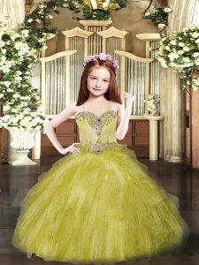 Olive Green Ball Gowns Tulle Spaghetti Straps Sleeveless Beading and Ruffles Floor Length Lace Up Child Pageant Dress