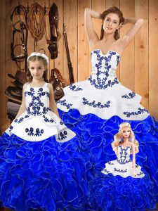 Romantic Embroidery and Ruffles Quinceanera Dress Royal Blue Lace Up Sleeveless Floor Length
