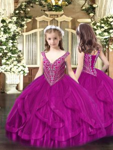 Custom Fit Floor Length Fuchsia Pageant Dress for Teens Tulle Sleeveless Beading and Ruffles