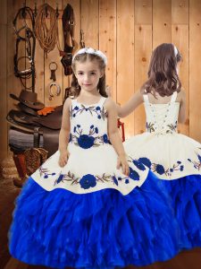 Attractive Floor Length Royal Blue Little Girls Pageant Gowns Straps Sleeveless Lace Up