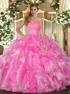 Rose Pink Ball Gowns Sweetheart Sleeveless Organza Floor Length Lace Up Beading and Ruffles Sweet 16 Quinceanera Dress