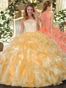 Delicate Ball Gowns Quinceanera Gown Gold Scoop Organza Sleeveless Floor Length Clasp Handle