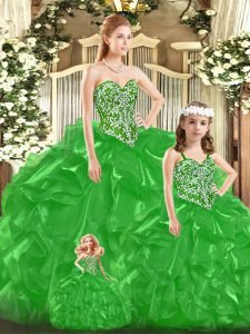 On Sale Green Lace Up Sweetheart Beading and Ruffles and Bowknot Vestidos de Quinceanera Tulle Sleeveless