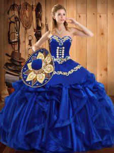 Royal Blue Ball Gowns Organza Sweetheart Sleeveless Embroidery and Ruffles Floor Length Lace Up Quinceanera Dresses