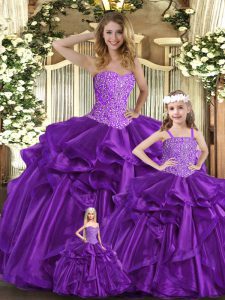 Purple Ball Gowns Sweetheart Sleeveless Organza Floor Length Lace Up Beading and Ruffles 15th Birthday Dress