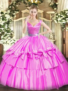 Modern Fuchsia Sleeveless Beading and Ruffled Layers Floor Length Quinceanera Gown