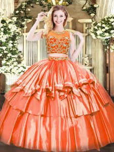 Floor Length Orange Red Quince Ball Gowns Tulle Sleeveless Beading and Ruffled Layers