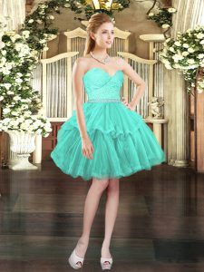 Trendy Aqua Blue Tulle Lace Up Homecoming Dress Sleeveless Mini Length Beading and Lace