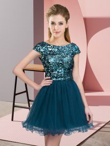 Shining A-line Quinceanera Dama Dress Teal Scoop Tulle Cap Sleeves Mini Length Zipper