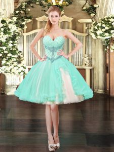 Mini Length Apple Green Prom Gown Tulle Sleeveless Beading