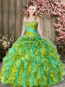 Designer Multi-color Organza Lace Up Sweet 16 Quinceanera Dress Sleeveless Floor Length Beading and Ruffles