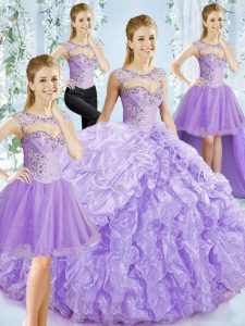 Lavender Sweetheart Lace Up Beading and Ruffled Layers Quinceanera Dress Brush Train Sleeveless