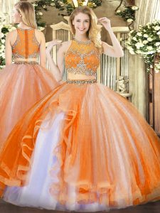 Latest Orange Red Zipper Scoop Beading and Ruffles 15th Birthday Dress Organza Sleeveless