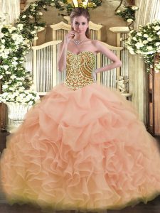 Stunning Sleeveless Floor Length Beading and Ruffles Lace Up Quince Ball Gowns with Peach
