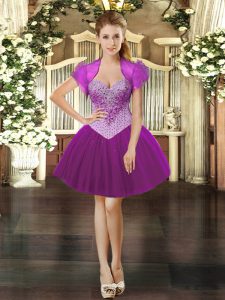 Best Selling Fuchsia Ball Gowns Tulle Sweetheart Sleeveless Beading Mini Length Lace Up Party Dress for Girls