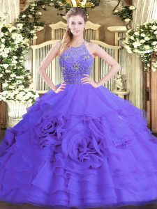 Custom Designed Purple Halter Top Zipper Beading and Ruffled Layers Sweet 16 Dress Sleeveless