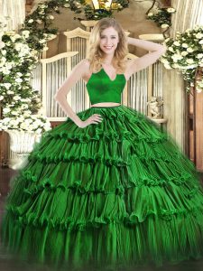 Traditional Green Zipper Halter Top Ruffled Layers 15 Quinceanera Dress Organza Sleeveless