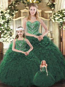 On Sale Dark Green Sweetheart Neckline Ruffles Quinceanera Gown Sleeveless Lace Up