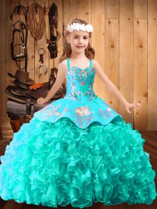 Classical Straps Sleeveless Little Girls Pageant Dress Wholesale Brush Train Embroidery and Ruffles Turquoise Satin and 