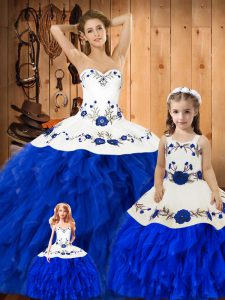 New Style Blue And White Sleeveless Embroidery and Ruffles Floor Length Quince Ball Gowns