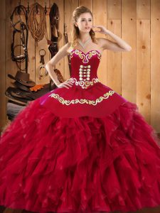 Lovely Wine Red Lace Up Quince Ball Gowns Embroidery and Ruffles Sleeveless Floor Length