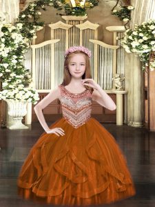 Rust Red Sleeveless Tulle Lace Up Little Girl Pageant Dress for Party and Quinceanera