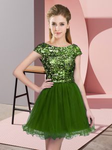 Flare Olive Green Tulle Zipper Damas Dress Cap Sleeves Mini Length Sequins