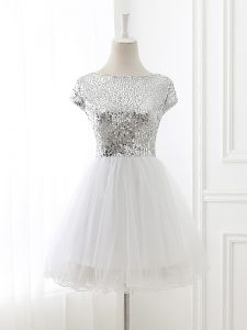 White Scoop Zipper Sequins Bridesmaids Dress Cap Sleeves