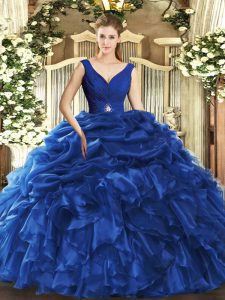 Organza V-neck Sleeveless Backless Beading and Ruffles Sweet 16 Dresses in Blue