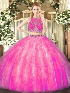 Enchanting Sleeveless Tulle Floor Length Zipper Quinceanera Gowns in Fuchsia with Beading and Ruffles