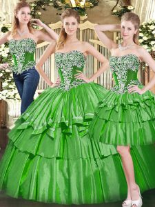 Latest Strapless Sleeveless 15th Birthday Dress Floor Length Beading and Ruffled Layers Green Tulle