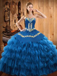 Top Selling Blue Satin and Organza Lace Up Sweetheart Sleeveless Floor Length Ball Gown Prom Dress Embroidery and Ruffle