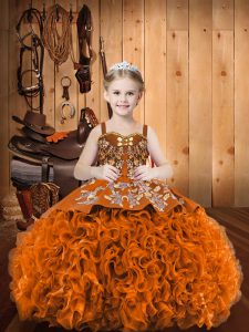 Cute Rust Red Ball Gowns Embroidery Kids Formal Wear Lace Up Fabric With Rolling Flowers Sleeveless
